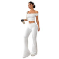 european and american  cross-border solid color one-shoulder ruched t-shirt and flare pants two-piece set for women