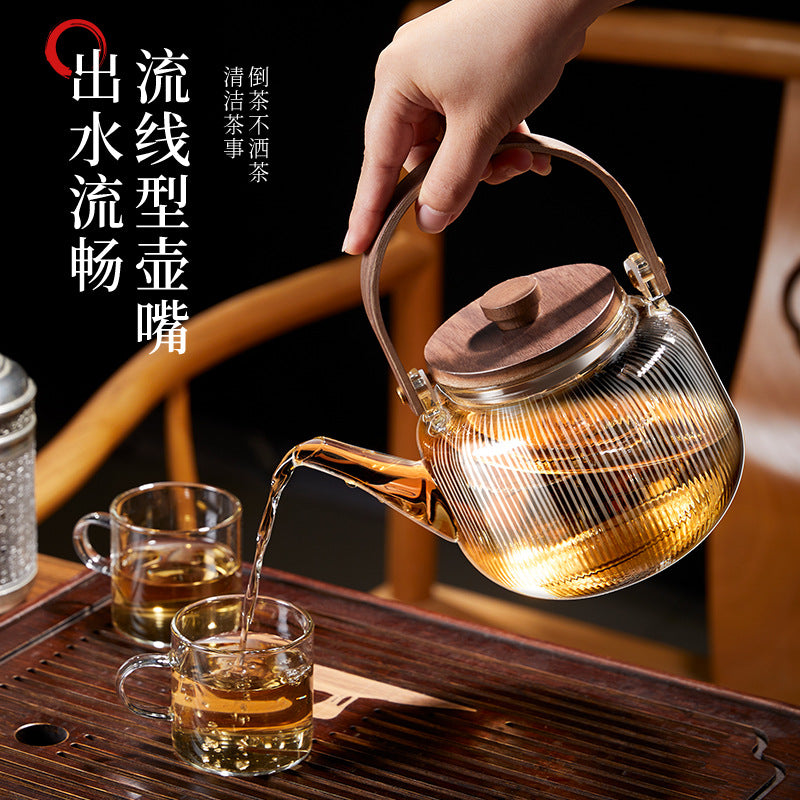 Walnut tea maker, vertical stripes glass teapot, double filter liner, tea stove, tea water separation, heat-resistant glass