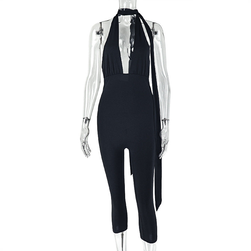 European and american style ins cross-border women's small-leg sports commuter jumpsuit v-neck strap silm pure color trendy jumpsuit