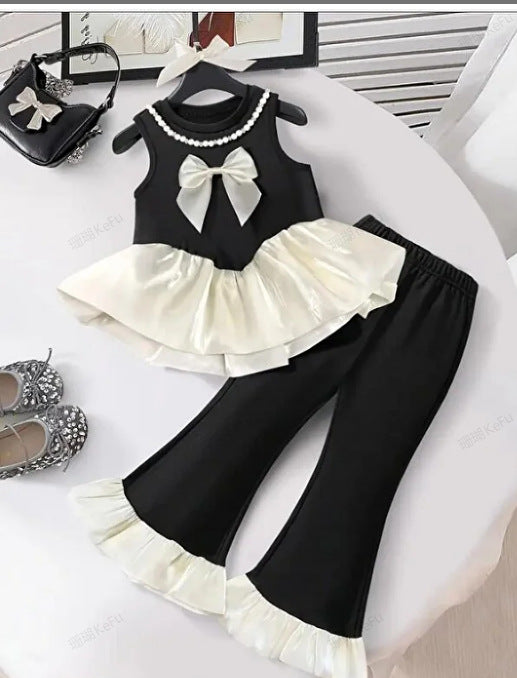 girls' chanel-inspired outfit: sleeveless bow-topped top + ruffle flare pants two-piece set (summer)