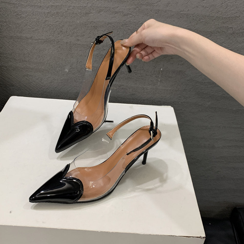 Pointed-toe stiletto sandals for women, 2026 heart-patterned patent leather, transparent open-back, single-strap buckle high heels, wholesale summer quick return