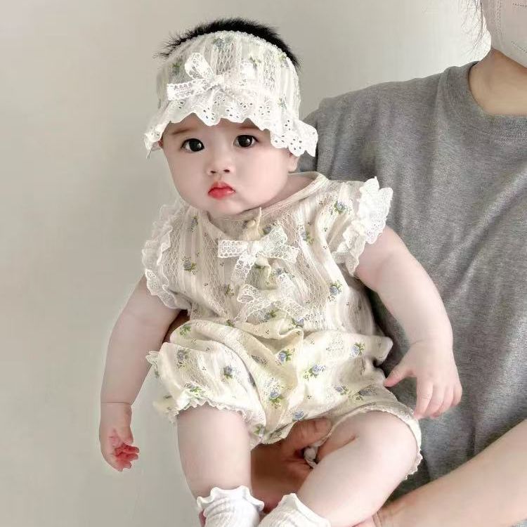 Summer lightweight lace romper baby bodysuit - sleeveless floral print lace outfit for baby girls