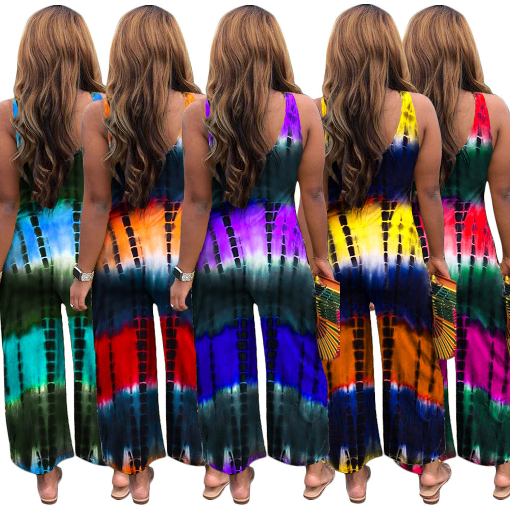 S390141 European and American summer wholesale casual off-the-shoulder hollow printing suspender jumpsuit fashionable wide-leg pants women