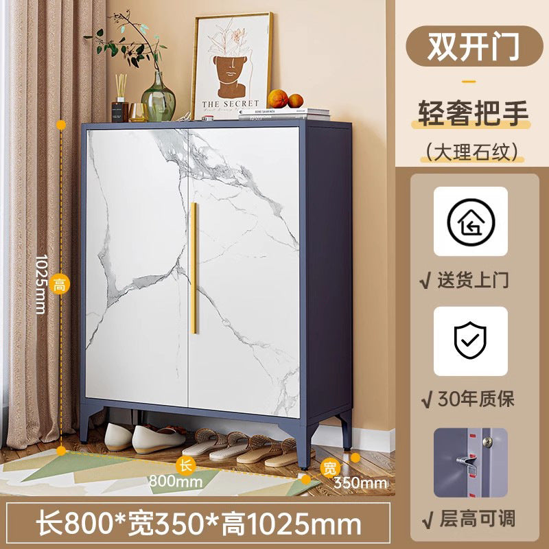 Steel shoe cabinet for home, shoe rack for entryway, hallway organizer with door and lock, minimalist large capacity faux stone shoe cabinet