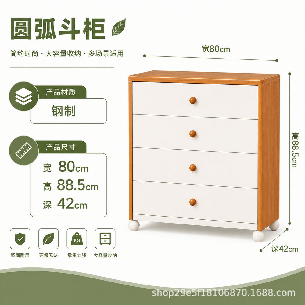 new steel low cabinet with rounded corners, freestanding five-drawer unit, wall-mounted integrated storage cabinet, kids' organizer