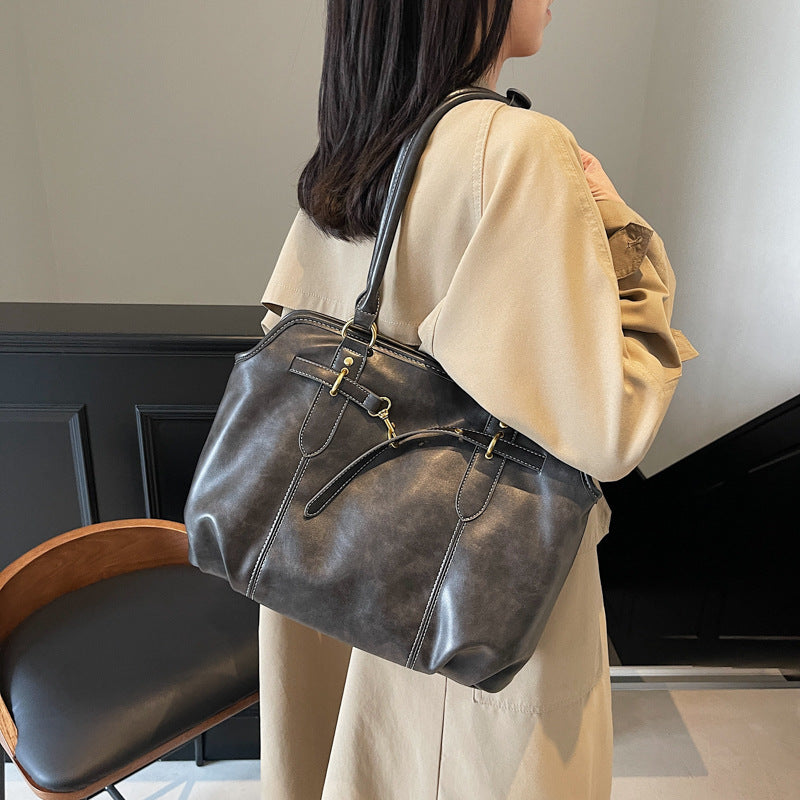 Retro lazy sense, briefcase bag, women's large-capacity texture, solid color, simple and popular foreign-style portable shoulder tote bag