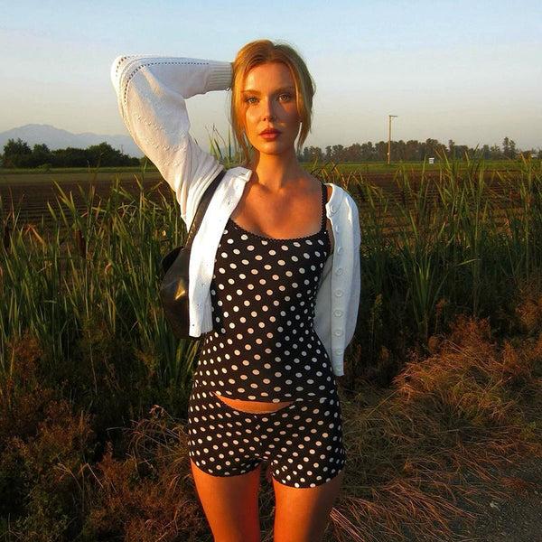 European and American style self-built station women's clothing basic polka dot printing suspender small vest + super shorts casual set two-piece set