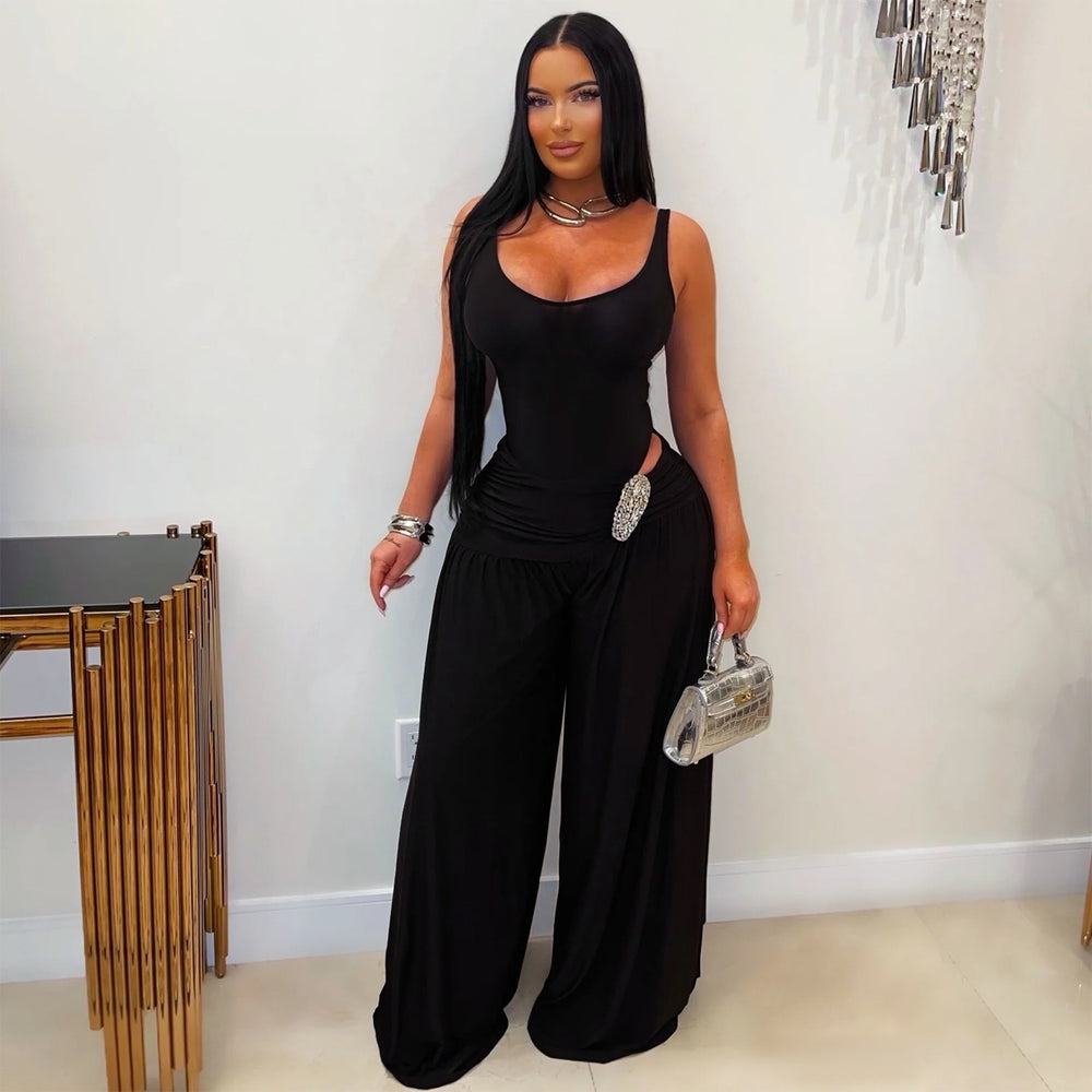 C7779 cross-border  new women's solid color u-neck high-waisted slim-fit wide-leg jumpsuit - sexy & spicy casual romper