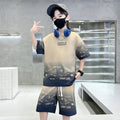 Boys' summer outfit set,  new summer collection, mid-to-large children's lightweight short-sleeve clothing, trendy, cool, and street-style ready