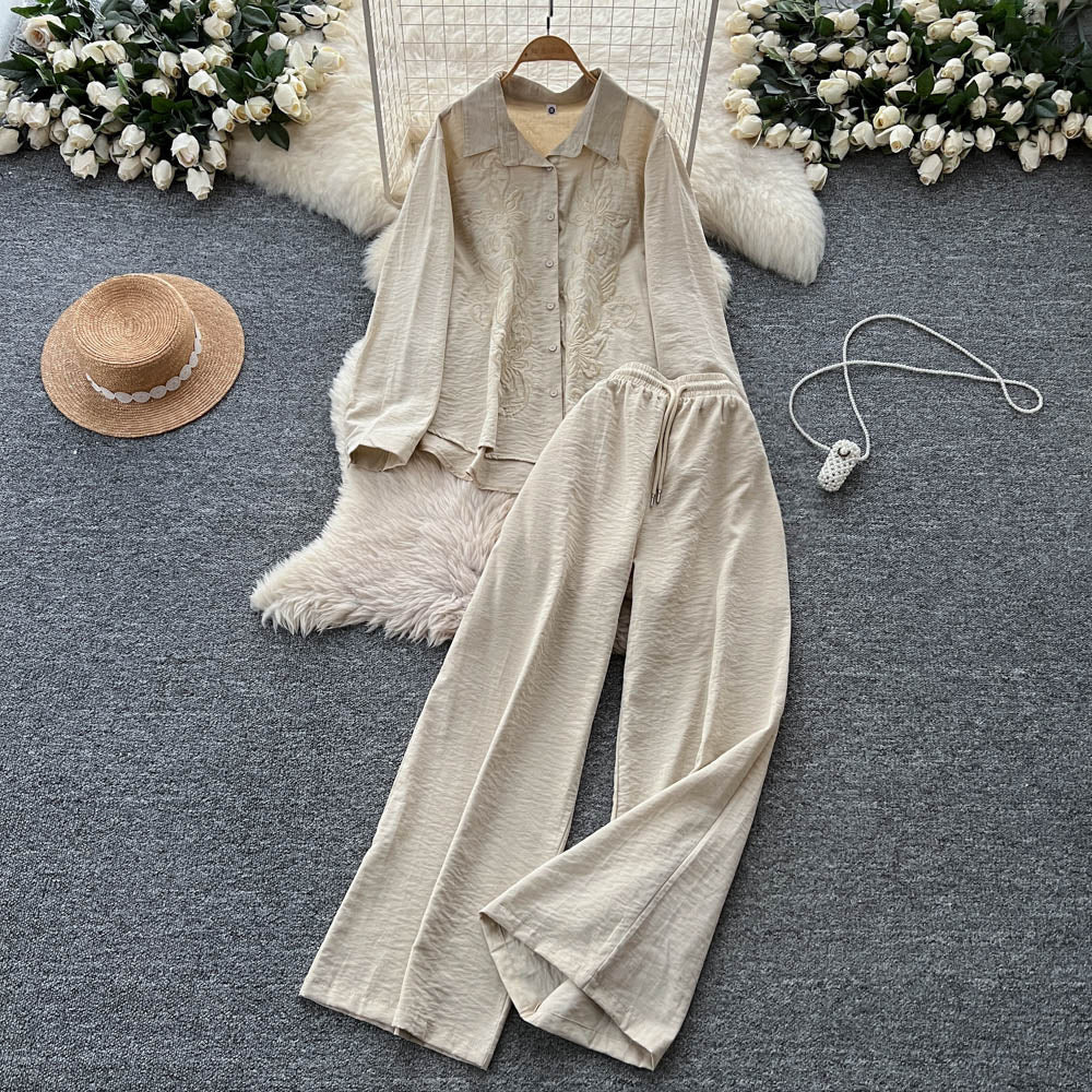 Lazy style casualfashion heavy industry embroiderlooselong sleevesshirt women's high waistslimming lookloose pantsautumsuit