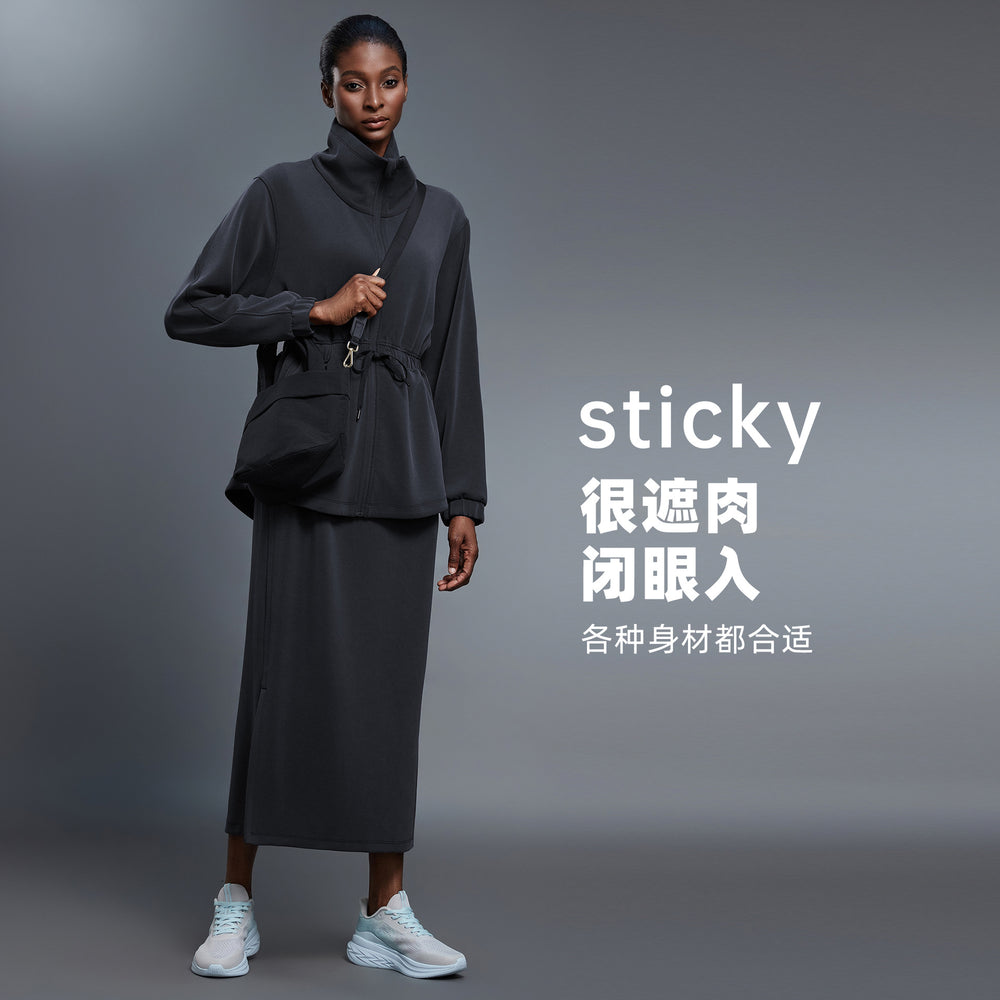 Air layer stand collar mid-length outwear women's drawstring waist jacket casualwork clothing sports windbreaker autumd25137