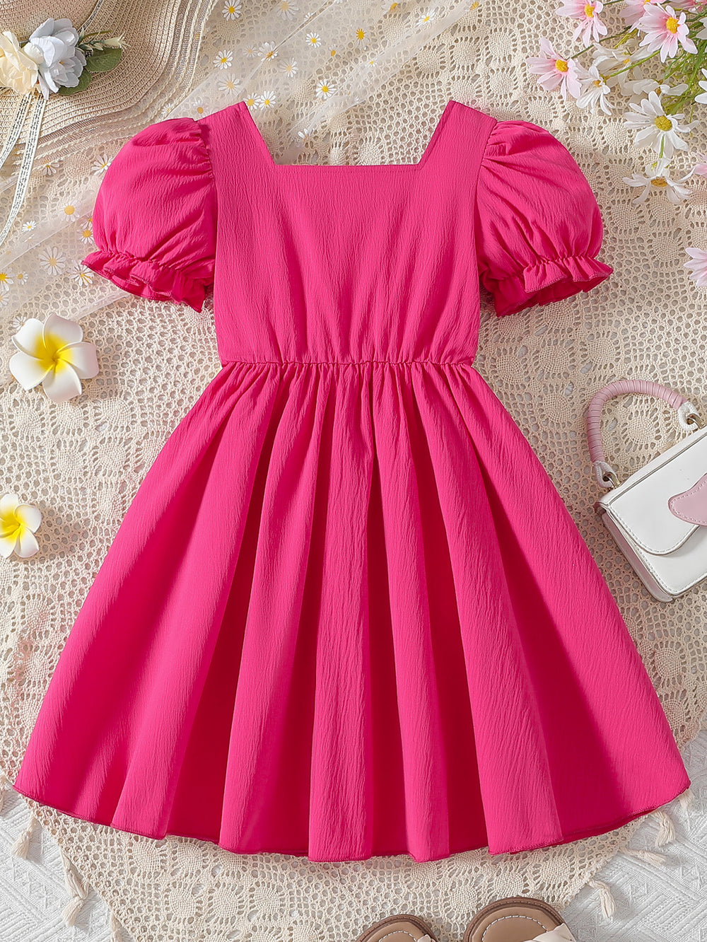Exportsummergirldress pink square neck puff sleeves daisy belt waist a-line kids sweet skirt