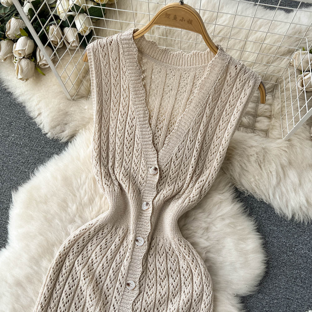 Summer korean chic slimming crochet sleeveless dress - women's single-breasted v-neck bodycon slit maxi dress