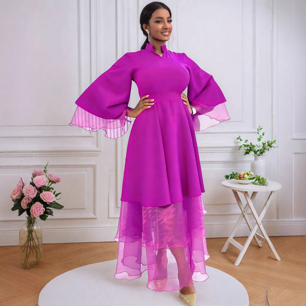 Stand-up collar, horn sleeves, stitching mesh long-sleeved dresses, high-waisted elegant party cocktail evening dresses