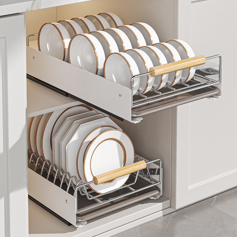 Stainless steel kitchen dish rack guide rail non-punching pumping basket rack cabinet storage tableware dish drain rack