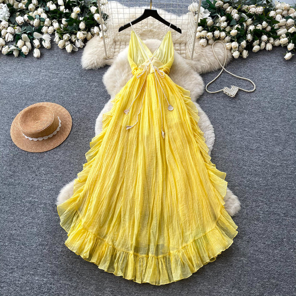 Vacation style blue suspender sweet age-reducing dress female summer romanticruffles trailing long skirt showing white fairy spirit
