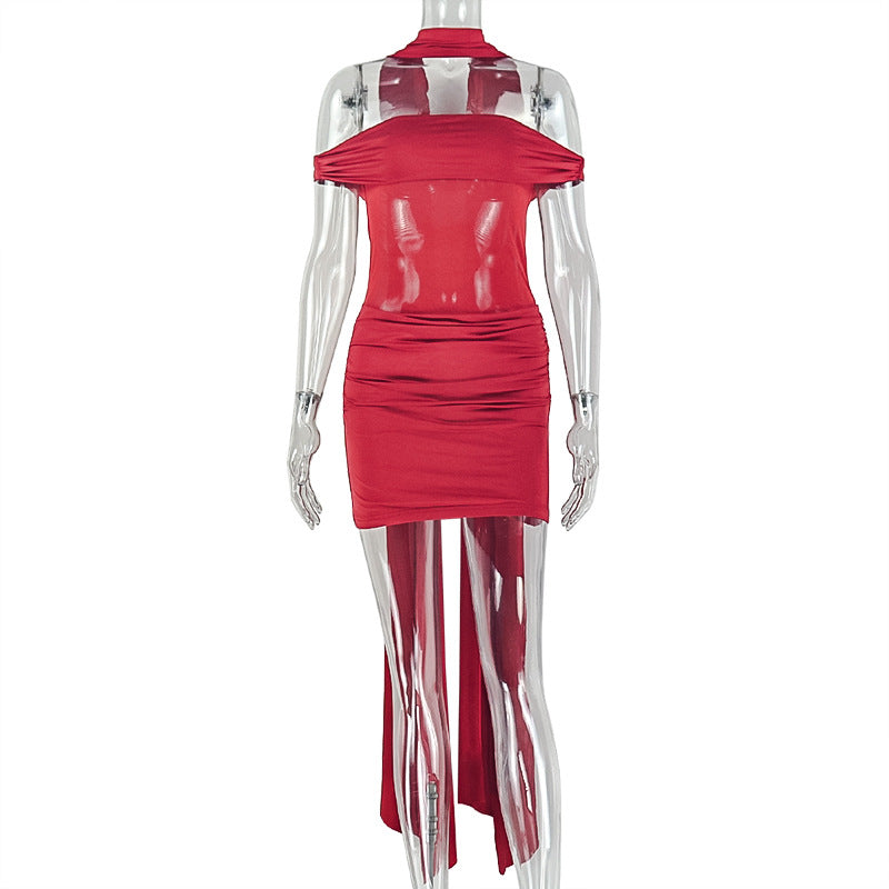 Fashion style cross-border waist women's home pure color slightly see-through hip skirt pleated sexy tube top short light dress trendy