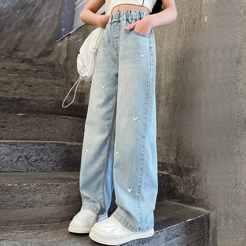 Girls' summer pants: lightweight tencel denim jeans,  new summer collection, straight-leg wide-leg trousers for girls and big girls