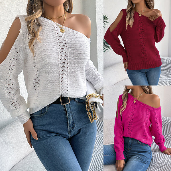 Real shot 2025 autumn and winter European and American casual solid color hollow off-the-shoulder long-sleeved pullover sweater, independent station  women's clothing