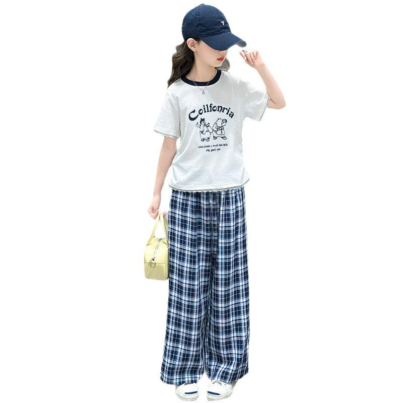 summer new arrival: kids' short-sleeve plaid pants two-piece set - children's cartoon letter lace-trimmed short-sleeve casual outfit