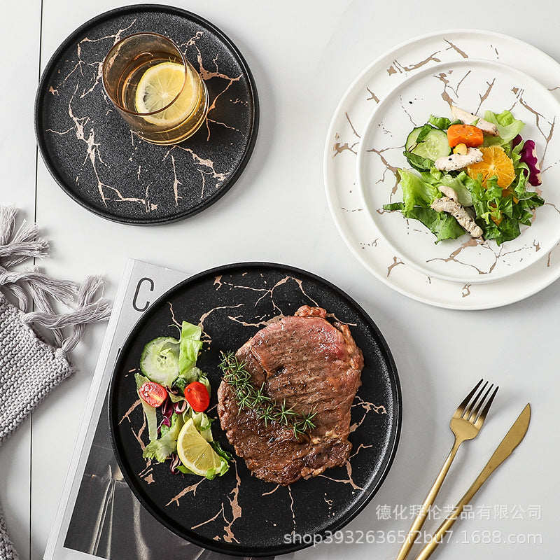 Steak plate marble ceramic western food plate hotel restaurant special plate steak plate with edge pizza plate wholesale
