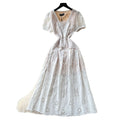 Vintage court style puff sleeve dress - women's summer mesh lace slim fit waist-defining elegant mature woman long dress