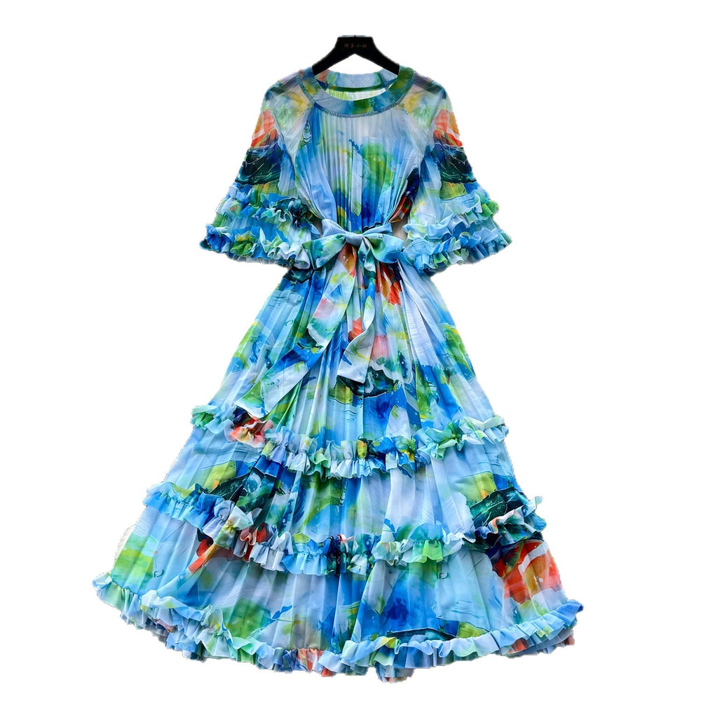 Vintage court style printed bubble sleeve dress - korean style tie-waist ruffle hem fairy dress