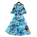 Vintage court style printed bubble sleeve dress - korean style tie-waist ruffle hem fairy dress