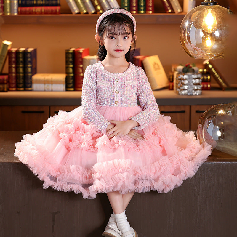 Ready-to-ship, hot-selling girls' dresses for winter, new  styles in a chanel-inspired design, featuring a puffy skirt and tiered cake skirt for children