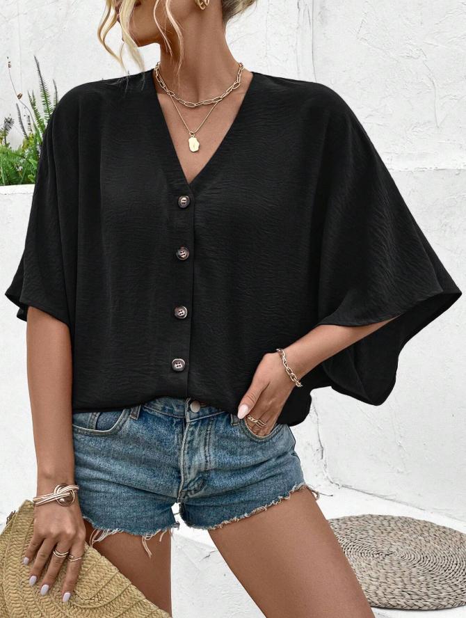 european and american cross-border  new autumn elegant v-neck loose short-sleeve printed solid color women's blouse