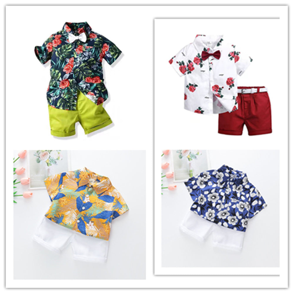 Amazon new spring/summer boys' leaf print short sleeve and shorts set - beach vacation style two-piece outfit