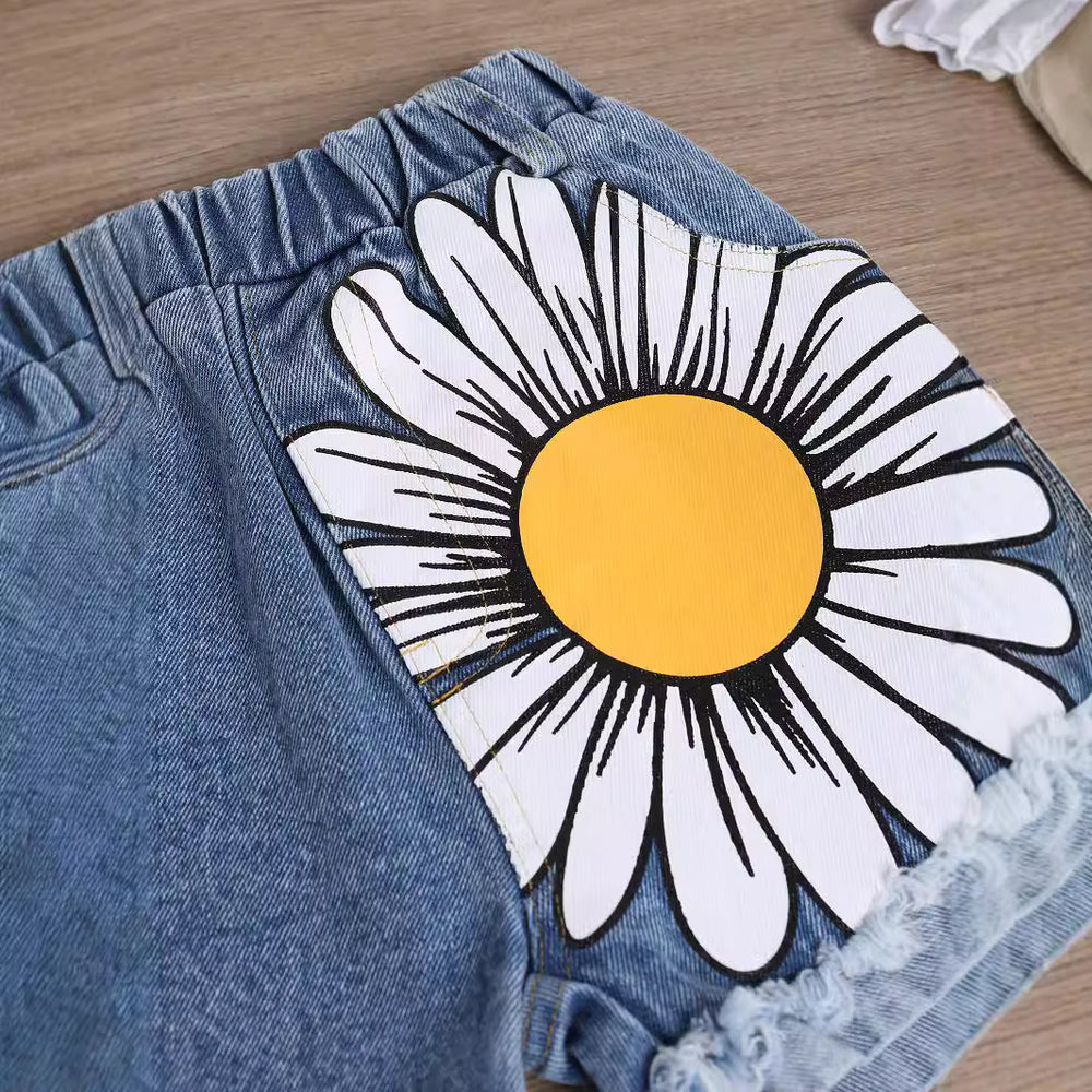 hot selling girl's one-piece collar high elastic cuff washed hole flower denim short girl's suit