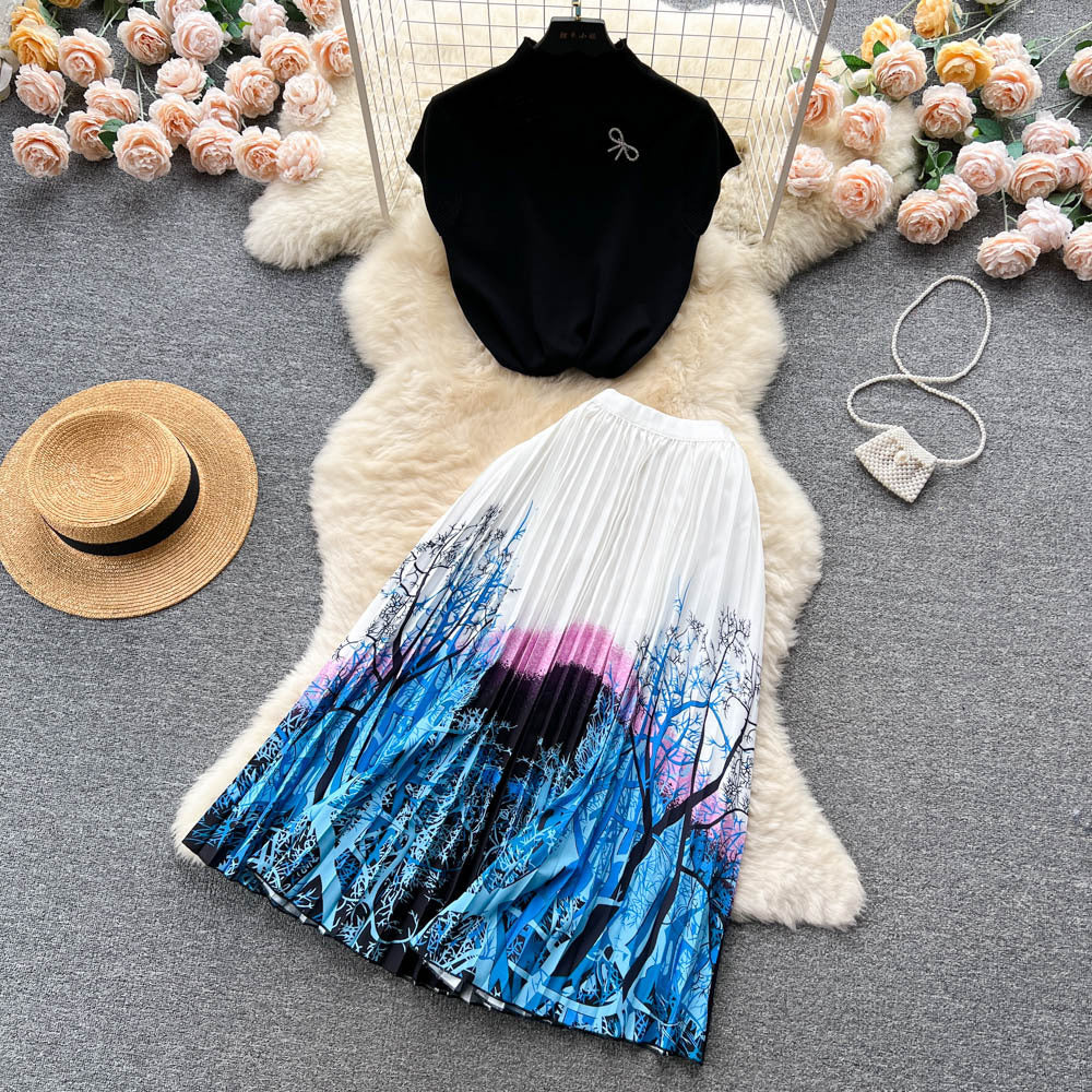 Vintage chic women's summer set: high-end design sleeveless blouse top + pleated maxi skirt two-piece outfit