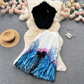 Vintage chic women's summer set: high-end design sleeveless blouse top + pleated maxi skirt two-piece outfit