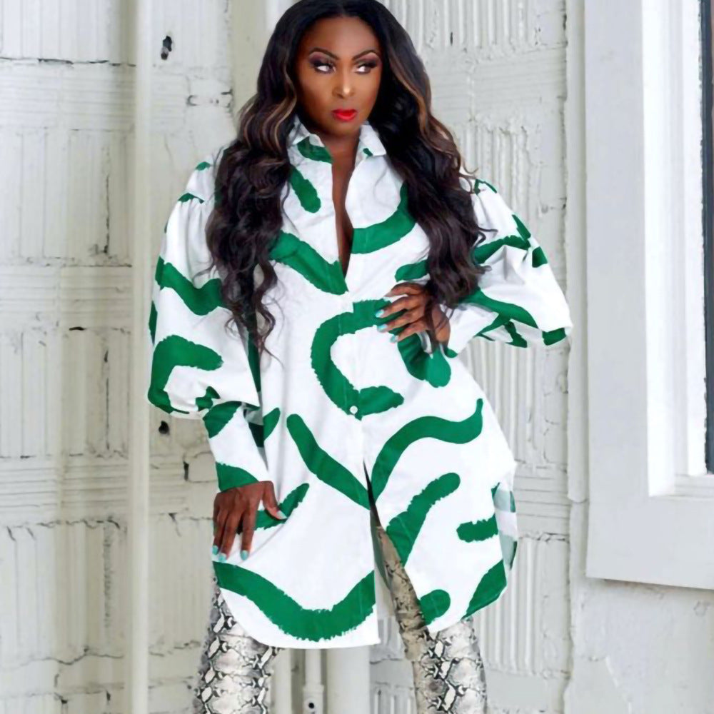 D3072  loose elegantwork clothingprinting lapel european and american large size foreign trade shirt skirt african dress