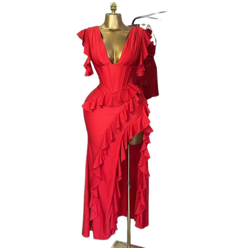 European and american cross-border women's fashion  summer new arrival: elegant v-neck ruffle trim top and asymmetrical midi skirt set