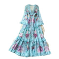 Vacation style printingv neck lantern sleeve dress women's early spring waist ruffles a-line long skirt classy style