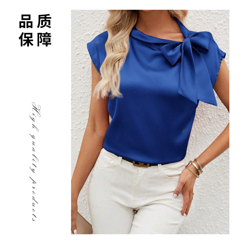 semi-open neck bow satin top, niche design satin women's clothing,   European and American new T-shirts