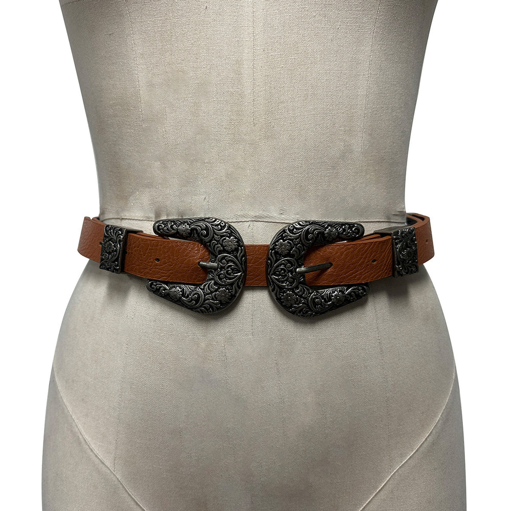 60061#   fashion retro carved double-ended buckle belt - european and american style versatile women's waist belt