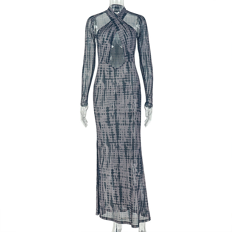 European and american style ins cross-border women's halterneck dress sexy chest-wrapped long sleeves casual retro skirt dress wholesale