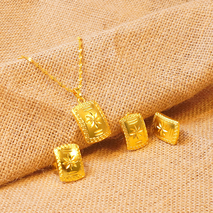 Middle eastern dubai jewelry set - square necklace, earrings, and ring - bridal jewelry three-piece set