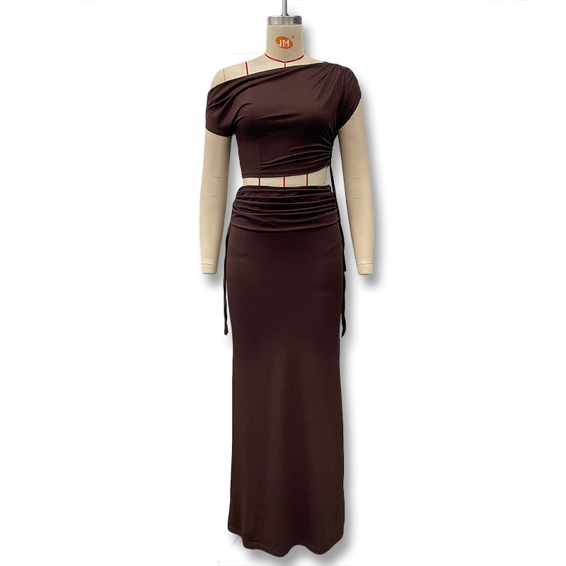 spring/summer new arrivals: european & american style women's solid color tie-up one-shoulder top and slit midi skirt set
