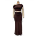 spring/summer new arrivals: european & american style women's solid color tie-up one-shoulder top and slit midi skirt set