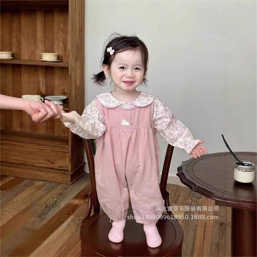 Outwear doll baby clothes embroider baby overalls spring & fall style suitsweet floral two-piece setsuit