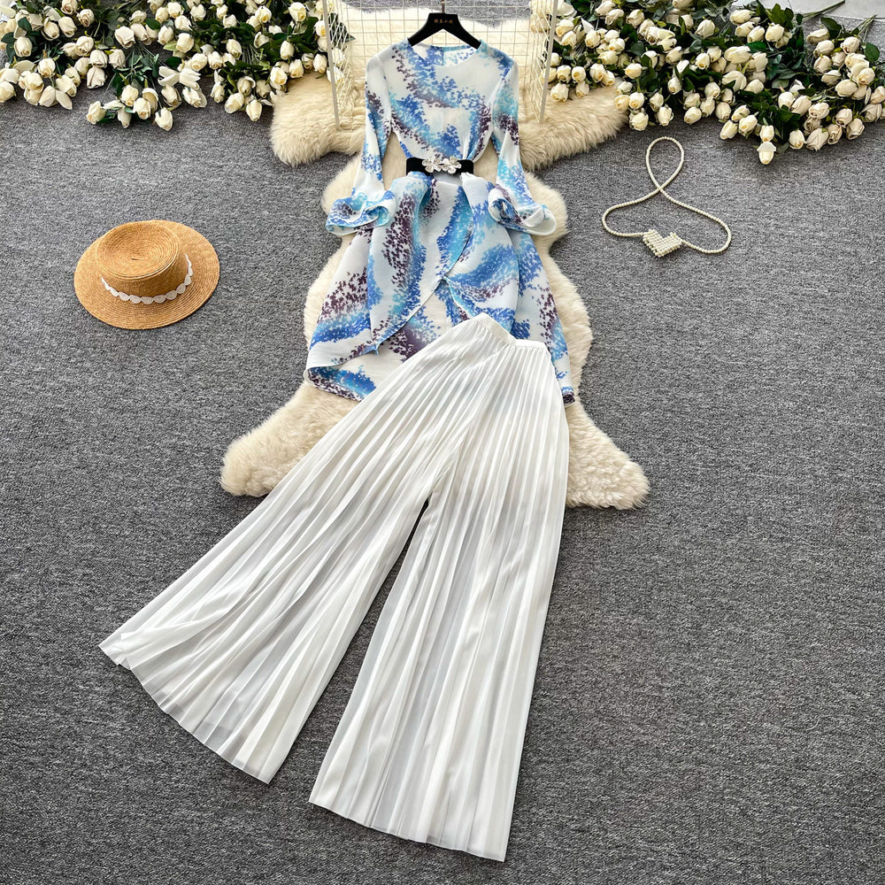 Classyniche stylework clothing style three-quarter sleeve topshigh waistpleatedcasualloose pants women's autumslimming looktwo-piece set