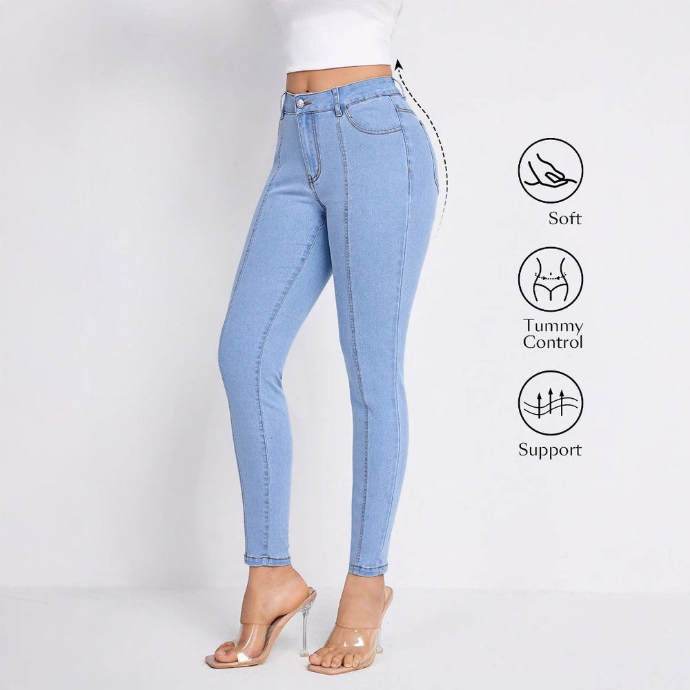 55--15606#  cross-border women's fashion european and american export ins blue high-waisted slimming skinny jeans