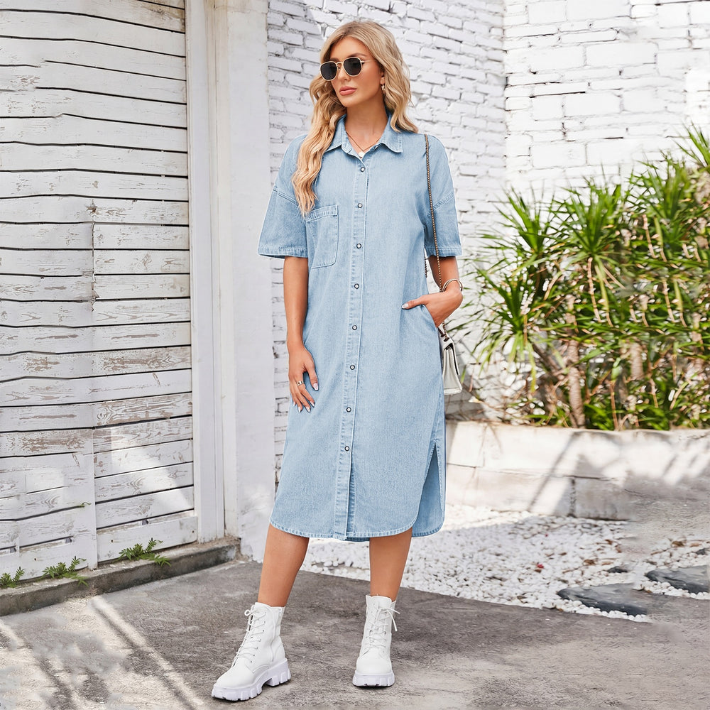 European and american cross-border women's spring new arrivals:  independent site washed loose denim short-sleeve maxi dress