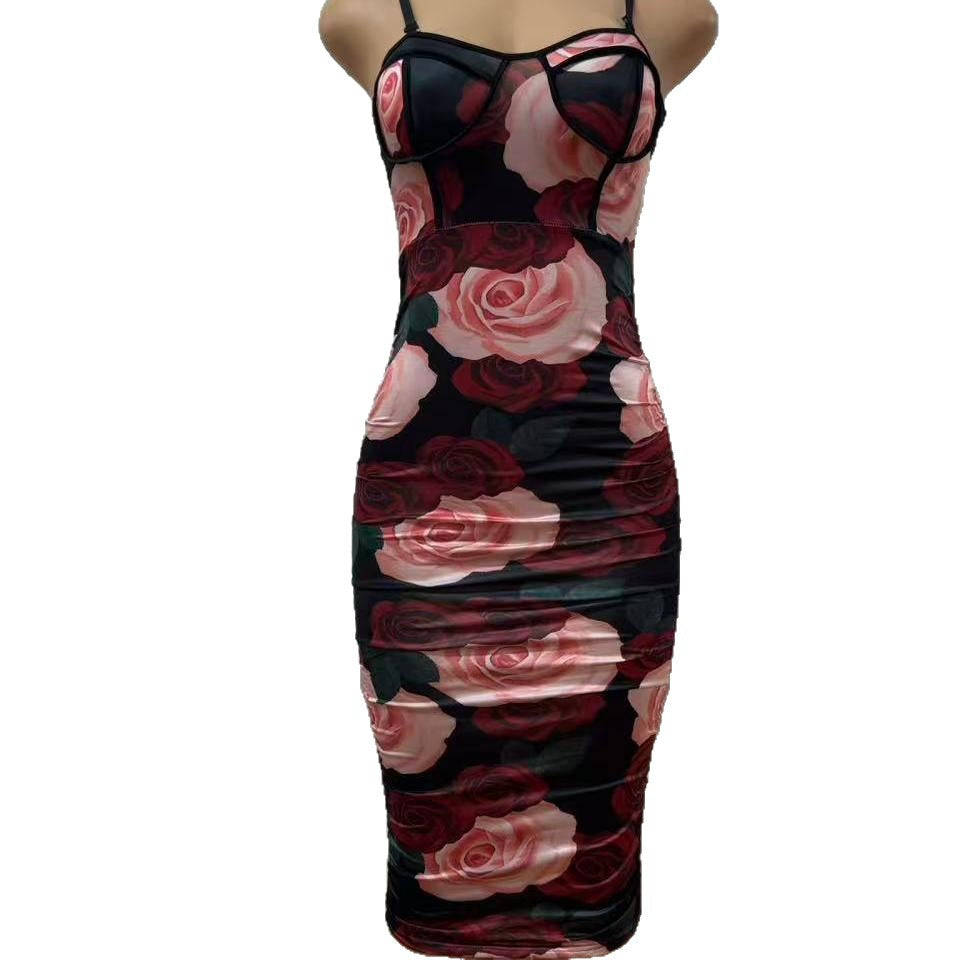 Sexy tube top off shoulder dress pure desire wind suspender floral hip skirt rose print slim waist skirt wholesale