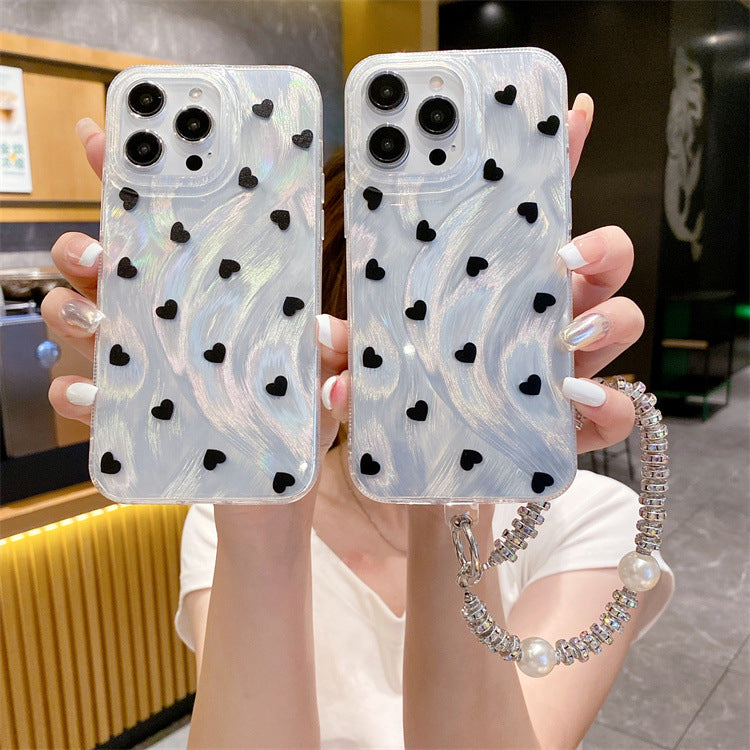 Feather yarn silver suitable for iphone16pro small heart protective case apple 12/14 pearl diamond chain hard protective case