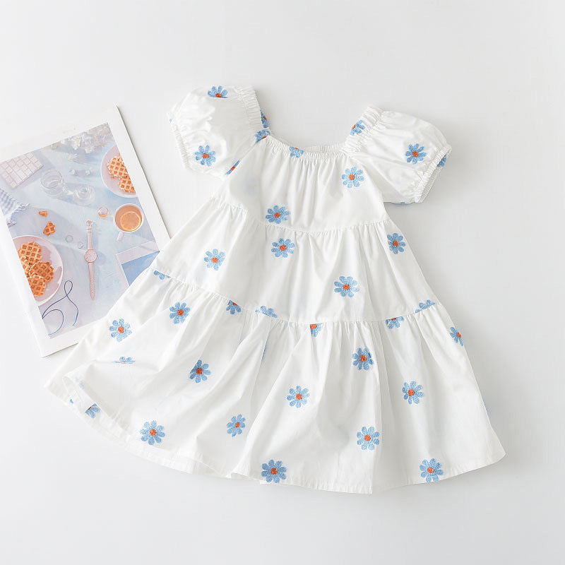 Girls' dress - new cross-border summer collection - white daisy print dress - toddler & little girl lantern sleeve cotton a-line dress